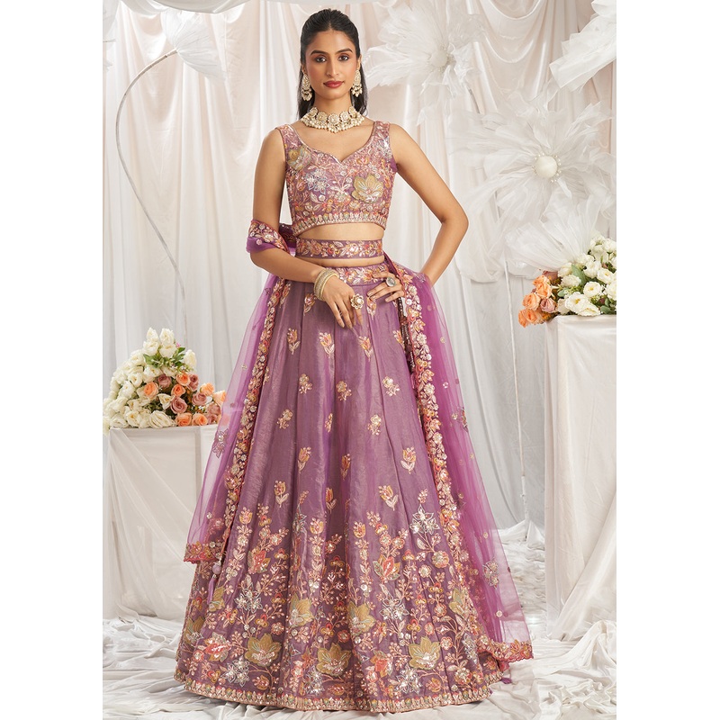 Lavender Organza Multi Sequinned Wedding Lehenga Choli
