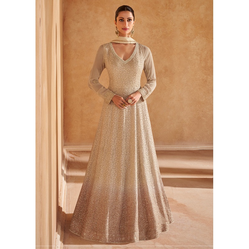 Light Beige Chikankari Embroidered Wedding Anarkali Gown