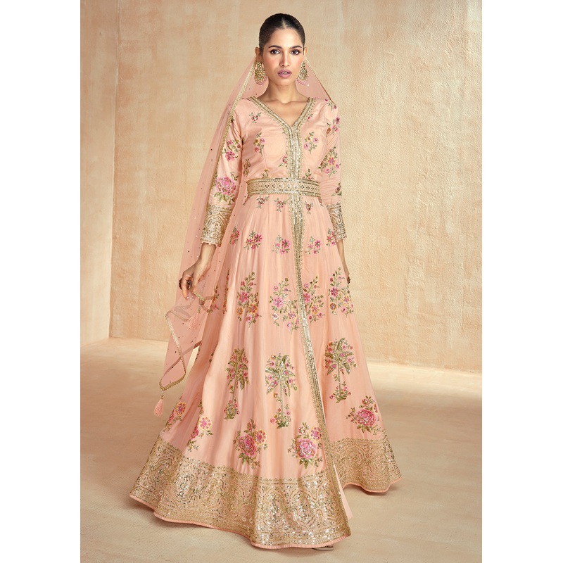 Light Peach Embroidered Slit Style Festive Anarkali Suit