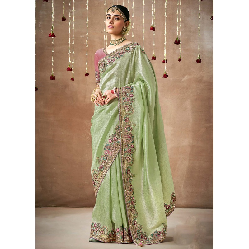 Light Pista Embroidered Silk Wedding Wear Saree