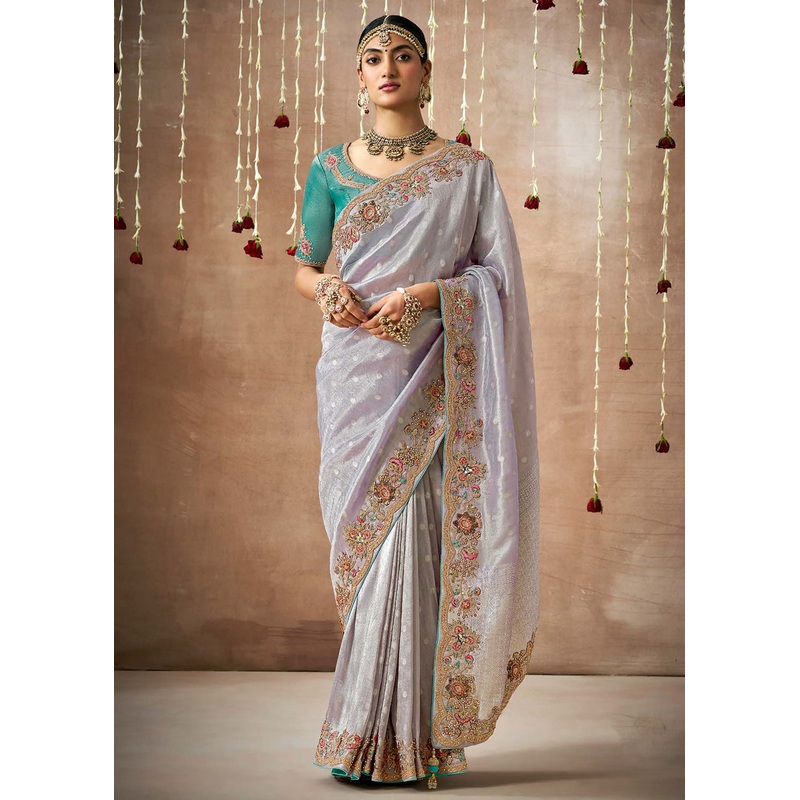 Lilac Grey Embroidered Silk Wedding Wear Saree
