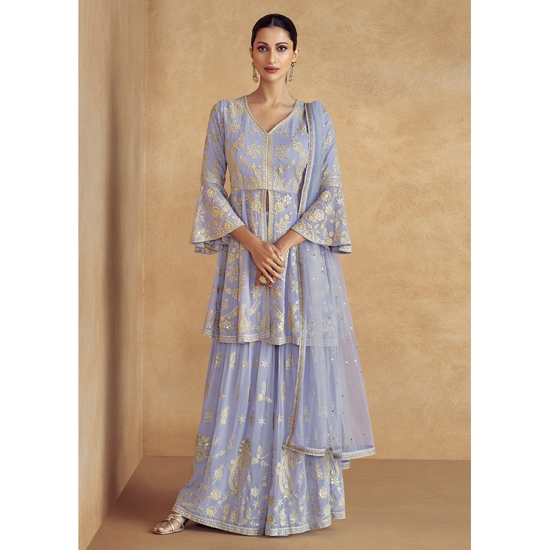 Lilac Real Georgette Embroidered Wedding Sharara Suit