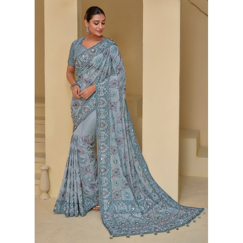 Livid Grey Banarasi Silk Embroidered Designer Saree