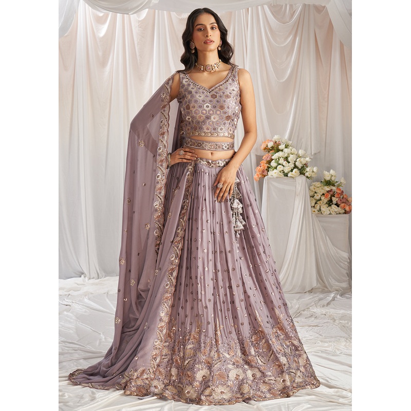 Mauve Georgette Cording Threads Embroidered Lehenga Choli