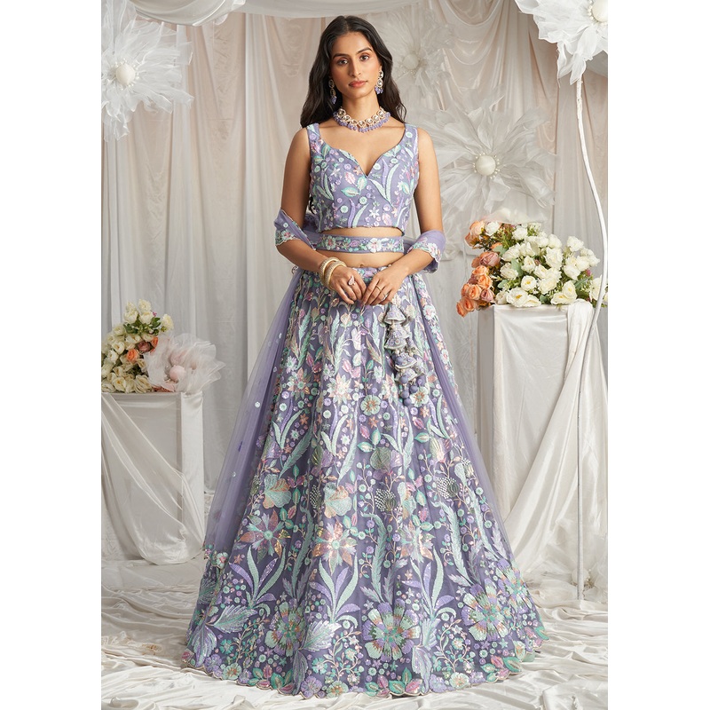 Mauve Net Floral Embroidered Designer Lehenga Choli