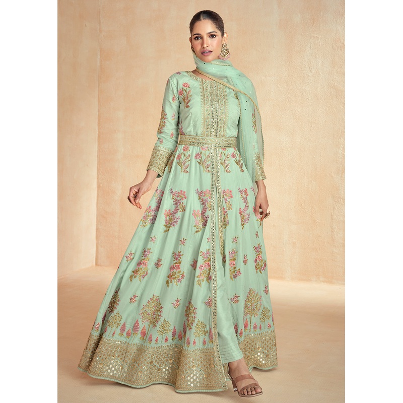 Mint Green Embroidered Slit Style Festive Anarkali Suit