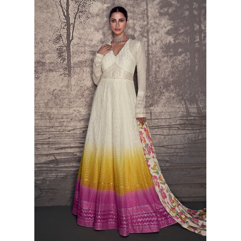 Multicolor Lucknowi Style Wedding Festive Anarkali Gown