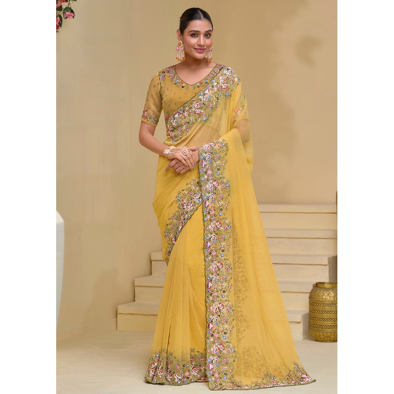Mustard Banarasi Silk Embroidered Designer Saree