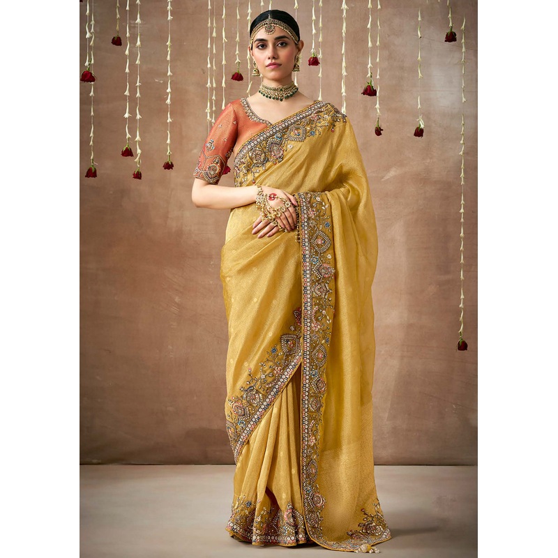 Mustard Embroidered Silk Wedding Wear Saree