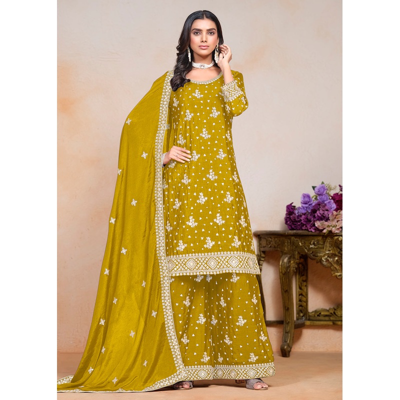 Mustard Sequins Embroidered Chinnon Festive Palazzo Suit