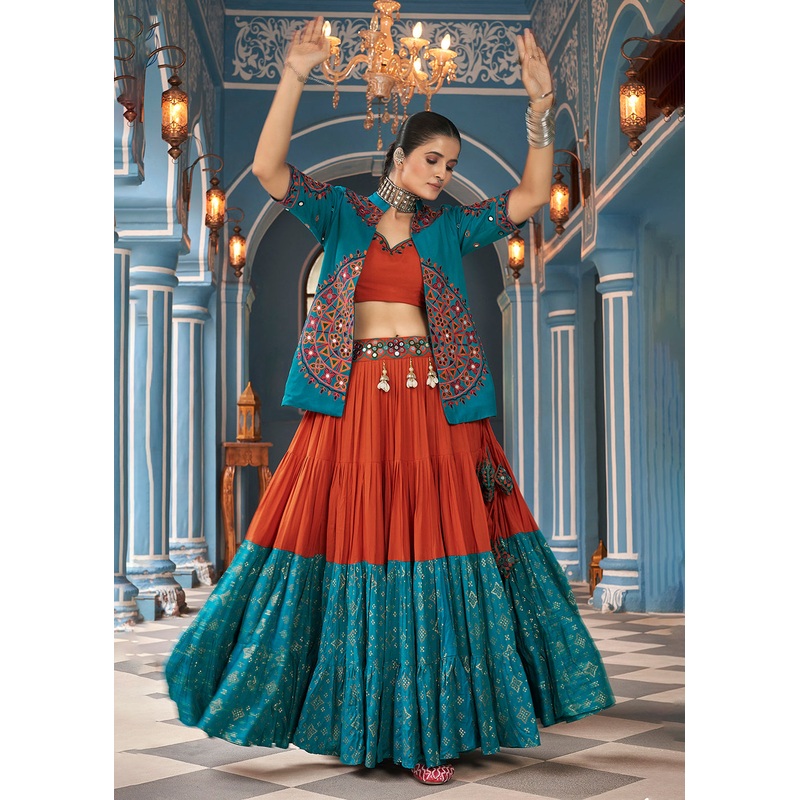 Navratri Special Orange & Rama Jacket Style Chaniya Choli