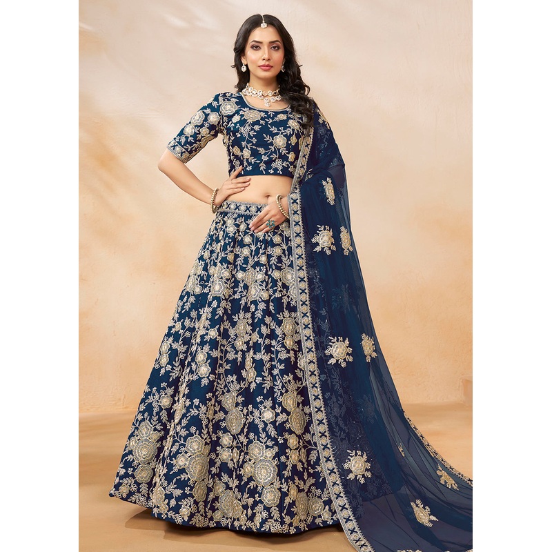 Navy Blue Embroidered Art Silk Wedding Lehenga Choli