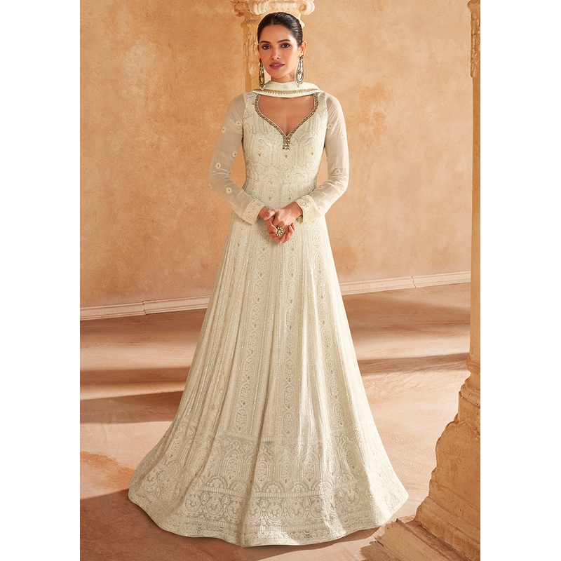 Off White Chikankari Embroidered Wedding Anarkali Gown