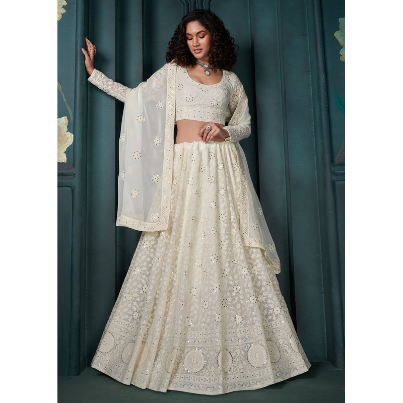 Off White Cording Embroidered Wedding Lehenga Choli