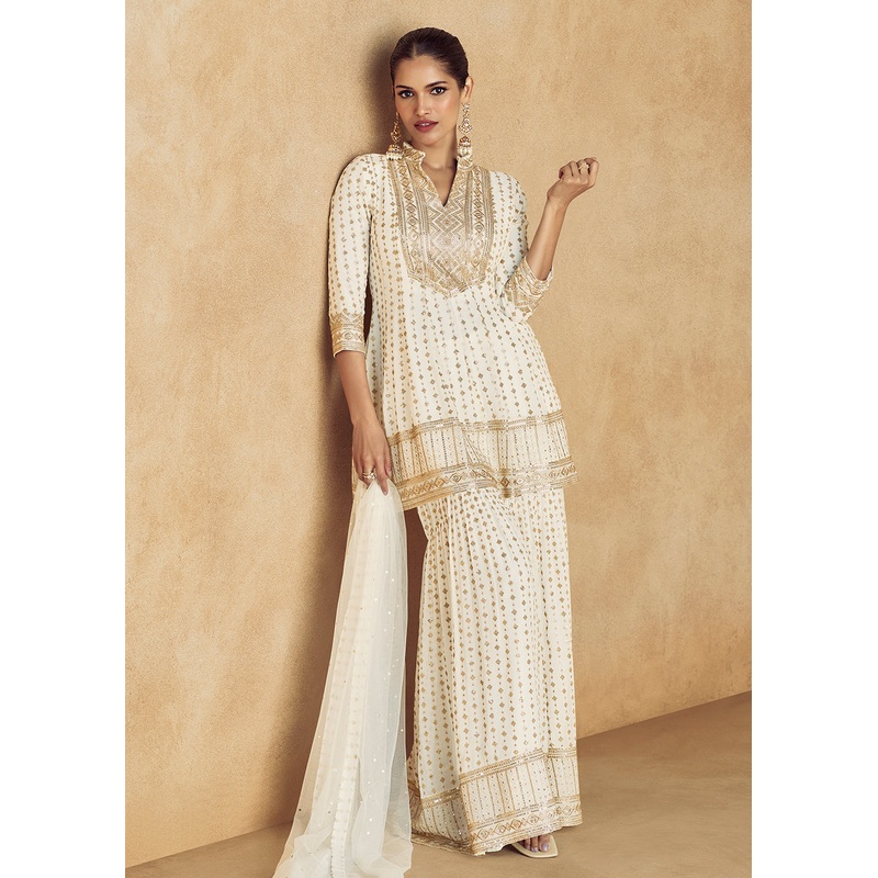 Off White Real Georgette Embroidered Wedding Gharara Suit