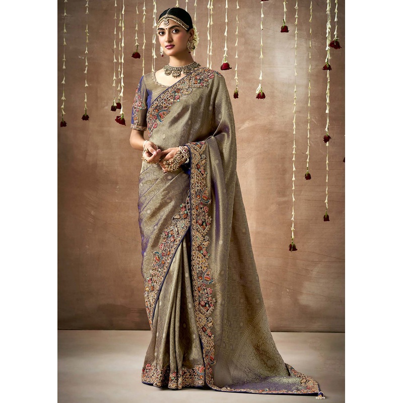 Olive Brown Embroidered Silk Wedding Wear Saree