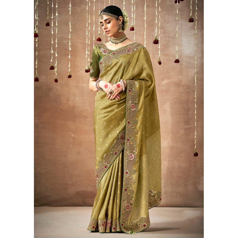 Olive Green Embroidered Silk Wedding Wear Saree