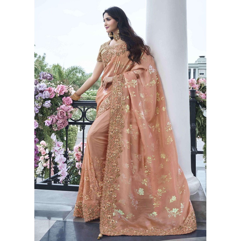 Peach Viscose Silk Embroidered Designer Wedding Saree