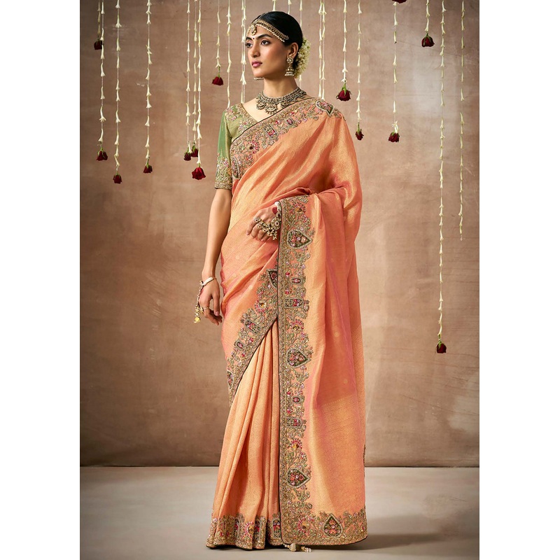 Peachy Orange Embroidered Silk Wedding Wear Saree