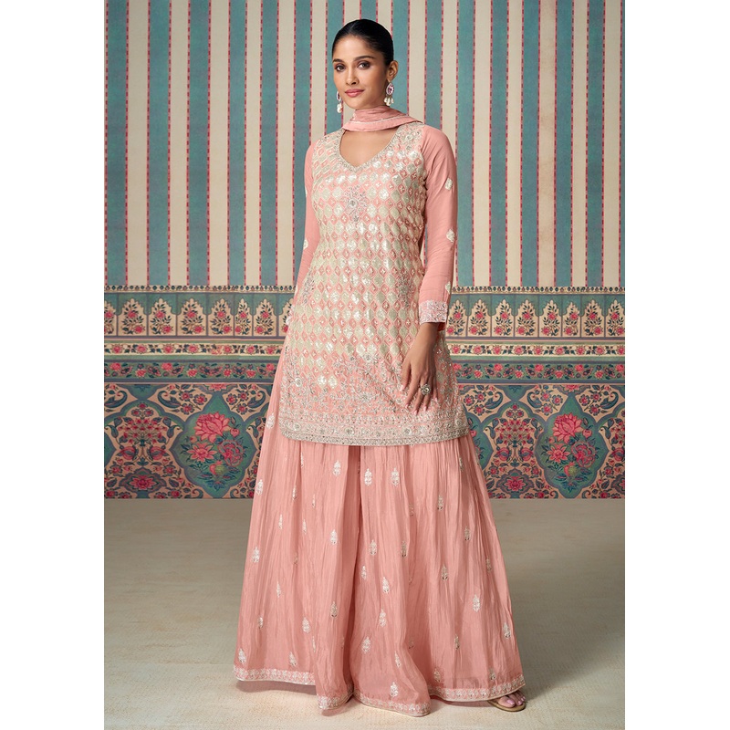 Peachy Pink Premium Embroidered Designer Sharara Suit
