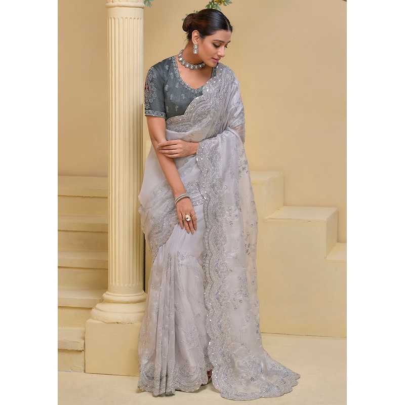 Pearl Grey Banarasi Silk Embroidered Designer Saree