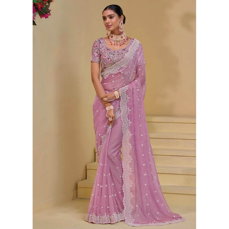 Pink Banarasi Silk Embroidered Designer Saree