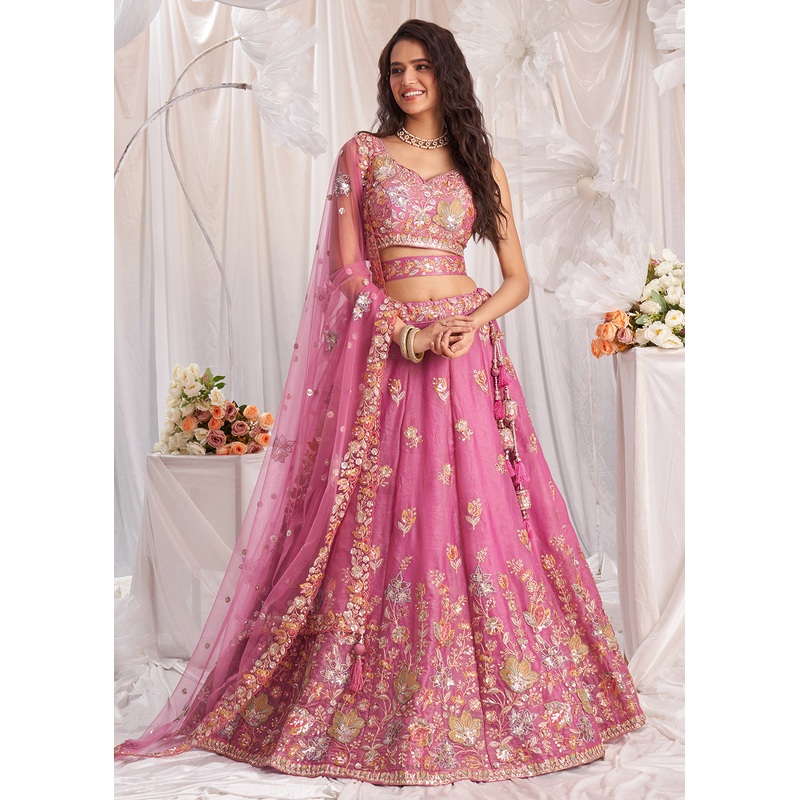 Pink Organza Multi Sequinned Wedding Lehenga Choli