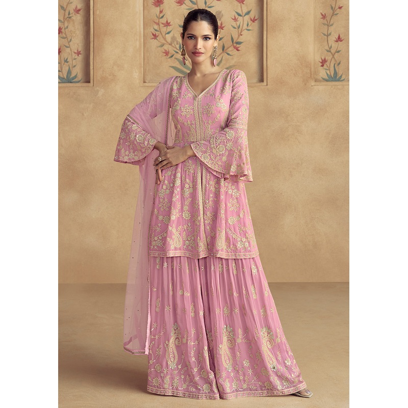 Pink Real Georgette Embroidered Wedding Sharara Suit