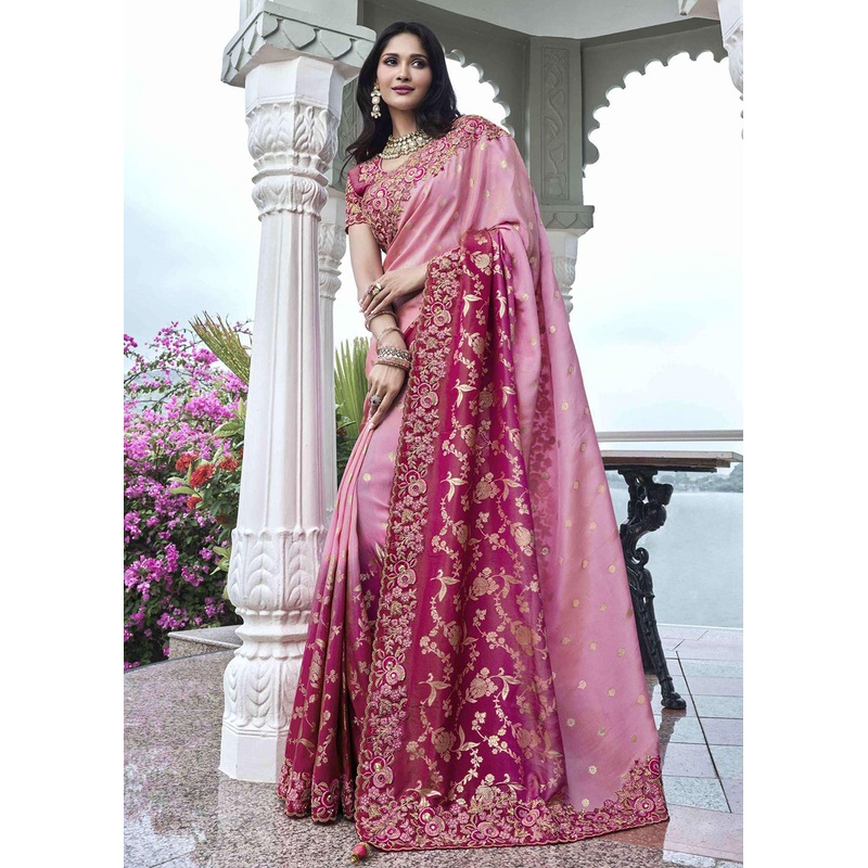 Pink Viscose Silk Embroidered Designer Wedding Saree