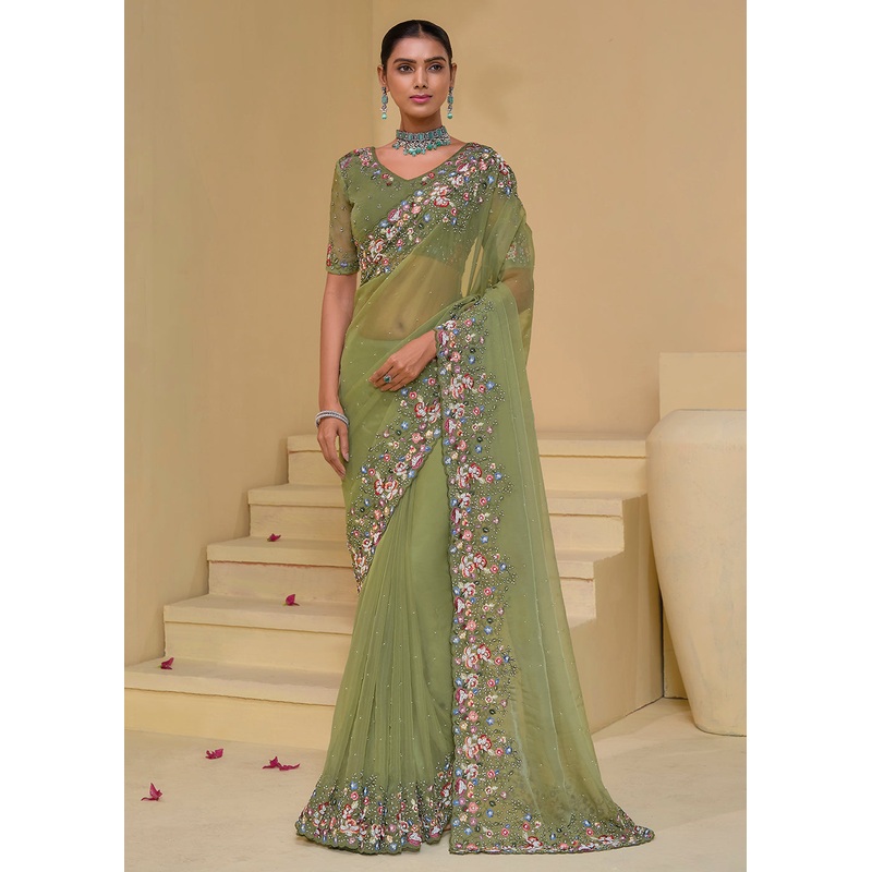 Pista Green Banarasi Silk Embroidered Designer Saree