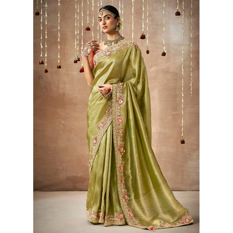 Pista Green Embroidered Silk Wedding Wear Saree