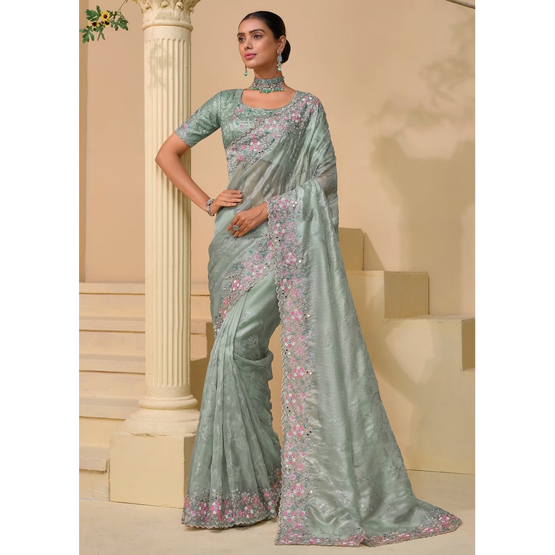 Pista Grey Banarasi Silk Embroidered Designer Saree
