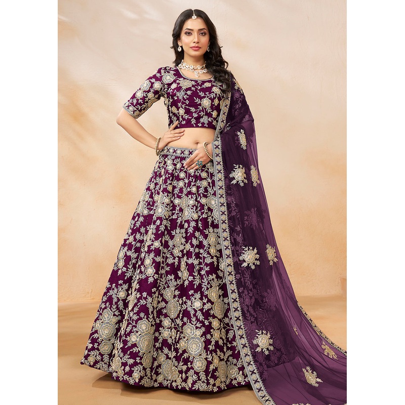 Plum Wine Embroidered Art Silk Wedding Lehenga Choli
