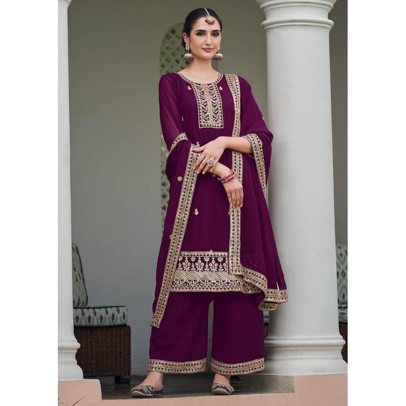 Plum Wine Stone Work Embroidered Festive Palazzo Suit