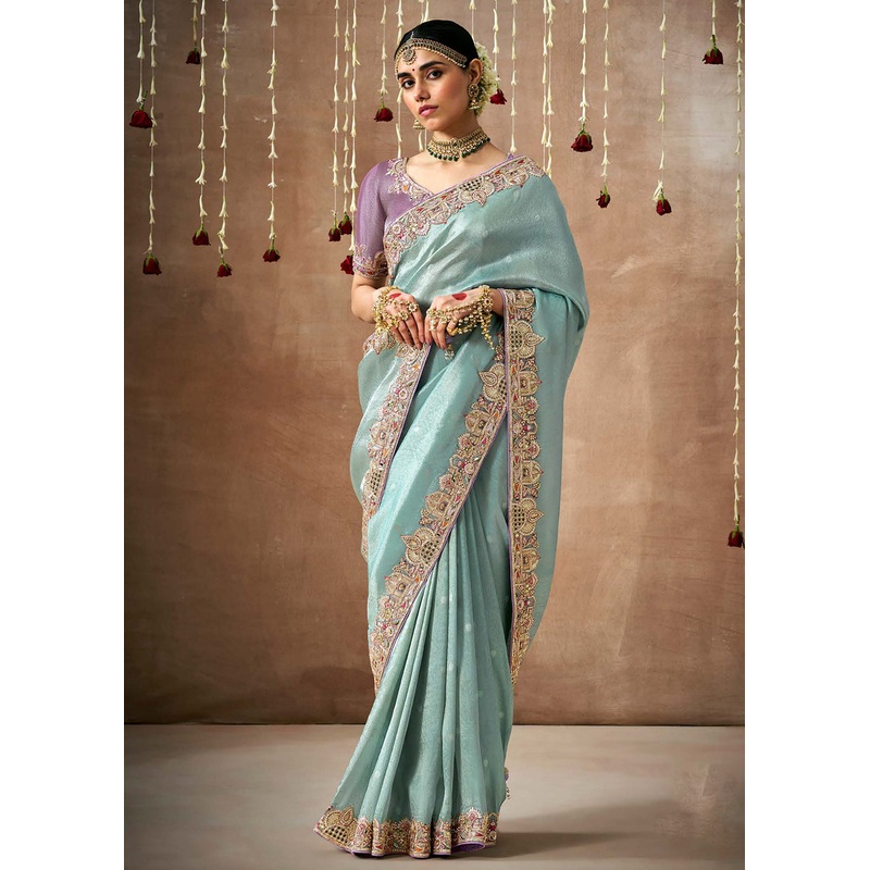 Powder Blue Embroidered Silk Wedding Wear Saree