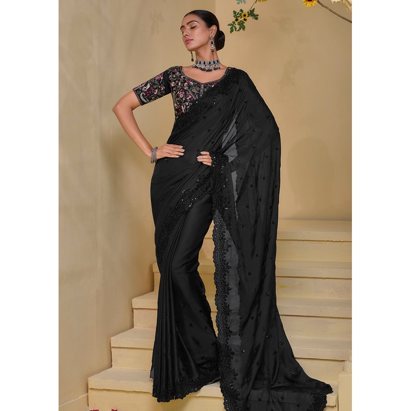 Pure Black Banarasi Silk Embroidered Designer Saree