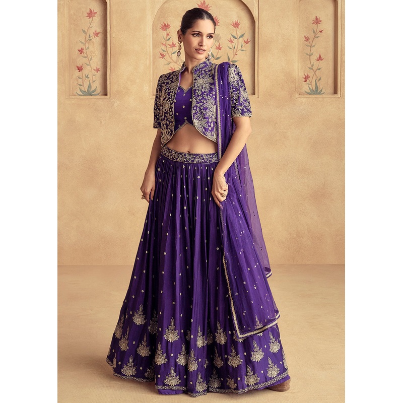 Purple Embroidered Chinnon Wedding Party Lehenga Dress