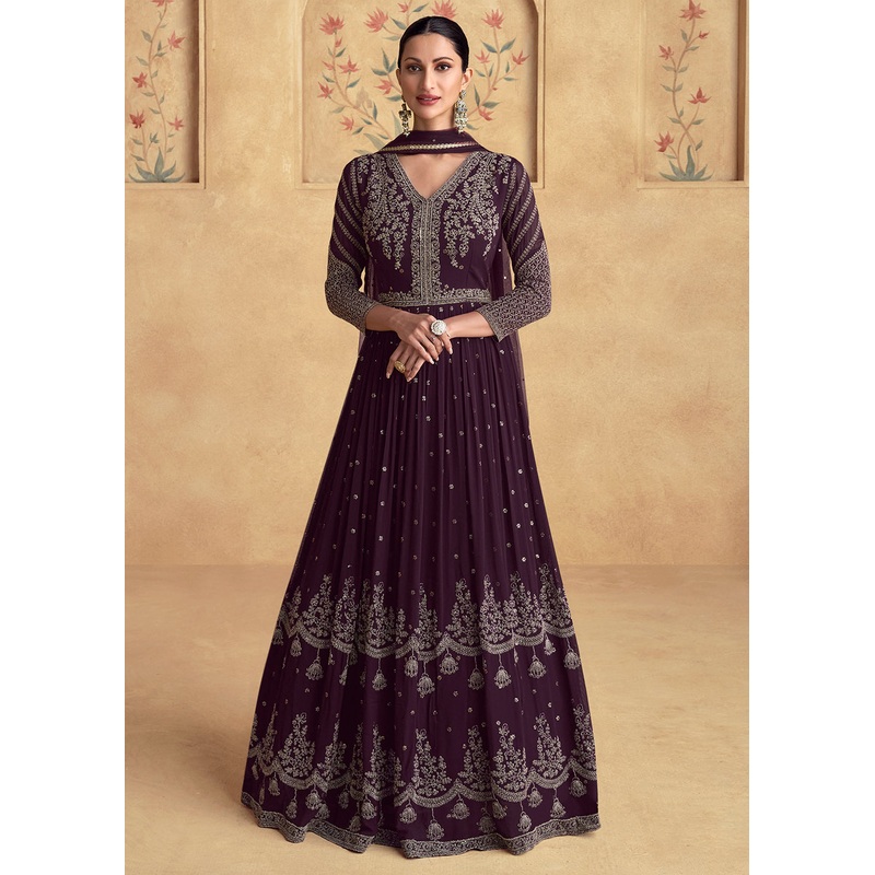 Purple Embroidered Georgette Wedding Party Anarkali Suit