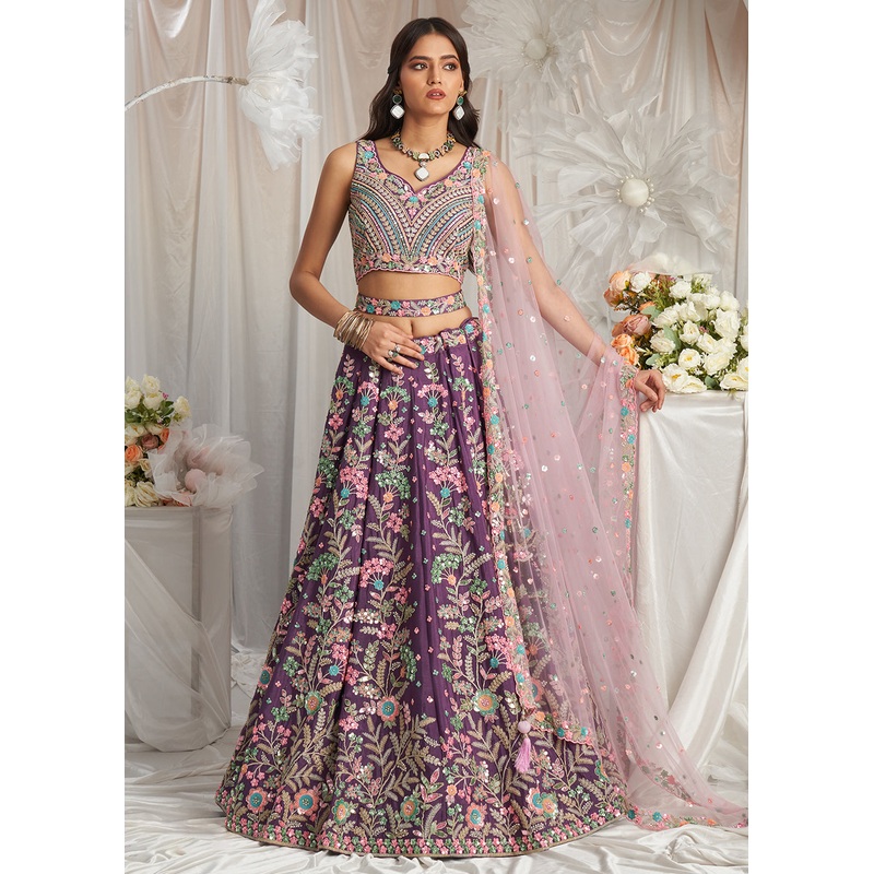 Purple Multi Color Embroidered Wedding Lehenga Choli
