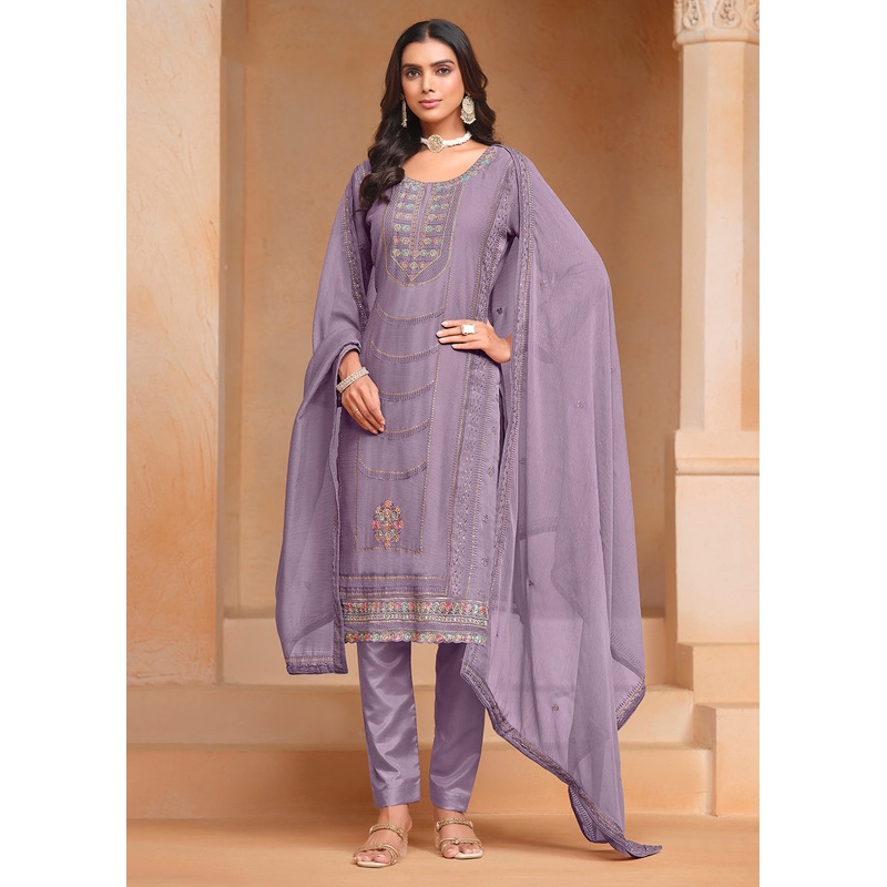 Purple Organza Chiffon Embroidered Festive Salwar Suit