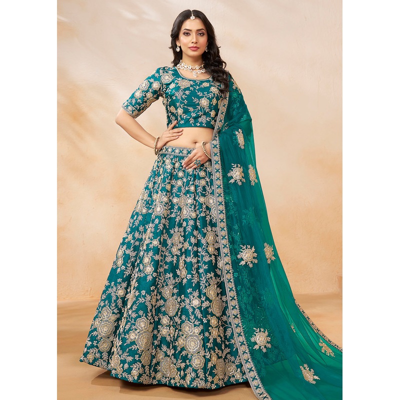 Rama Green Embroidered Art Silk Wedding Lehenga Choli