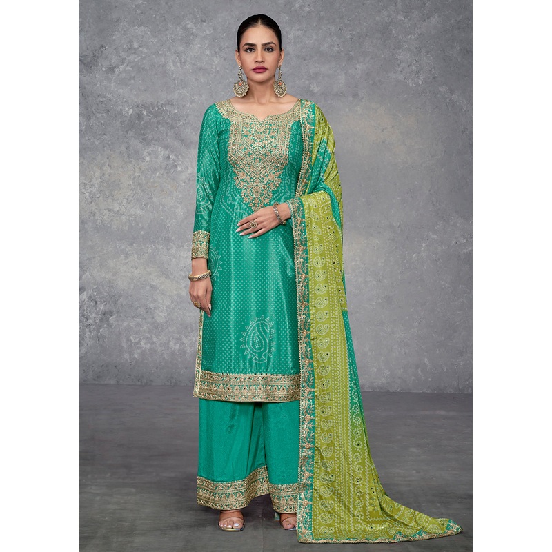 Rama Green Embroidered Chinnon Wedding Style Palazzo Suit