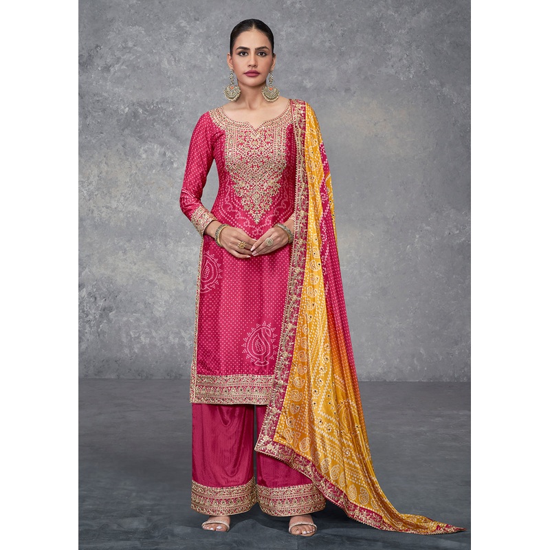 Rani Pink Embroidered Chinnon Wedding Style Palazzo Suit
