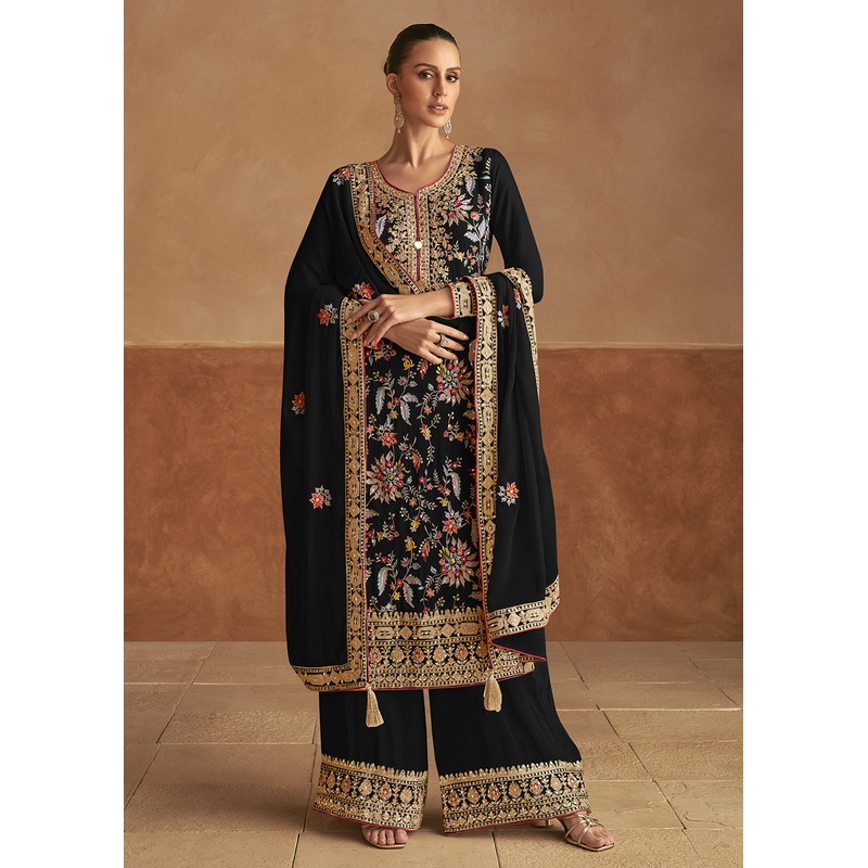 Real Chinnon Silk Black Embellished Festive Palazzo Suit