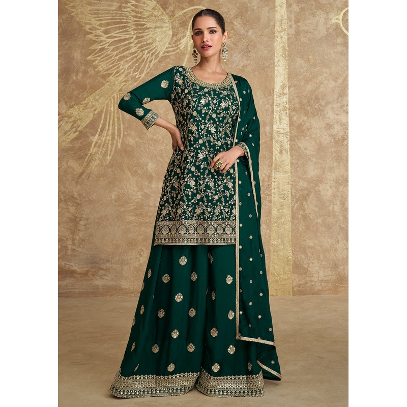 Real Chinnon Silk Bottle Green Embroidered Sharara Suit