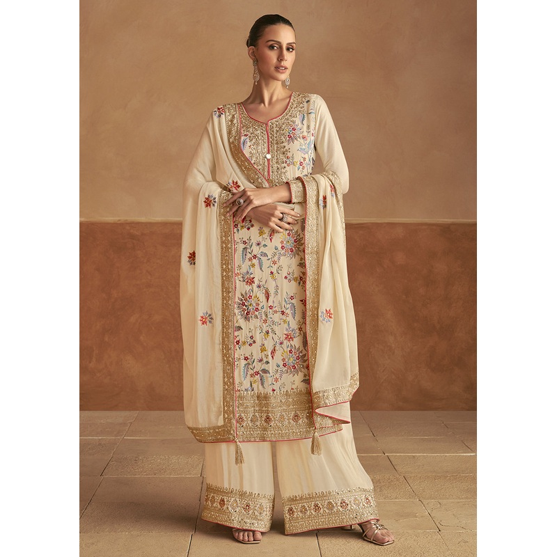 Real Chinnon Silk Cream Embellished Festive Palazzo Suit
