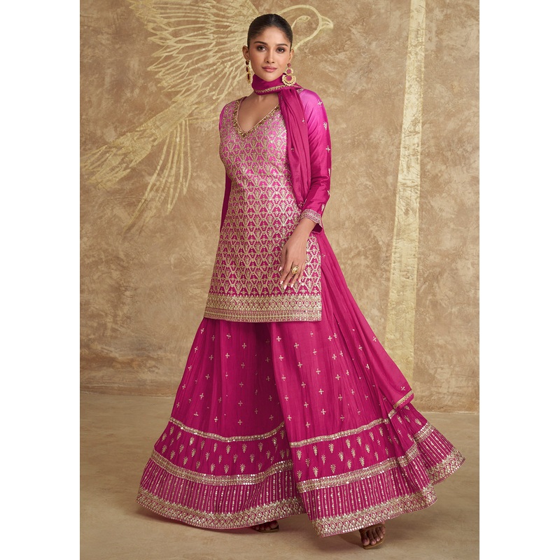 Real Chinnon Silk Rani Pink Embroidered Sharara Suit
