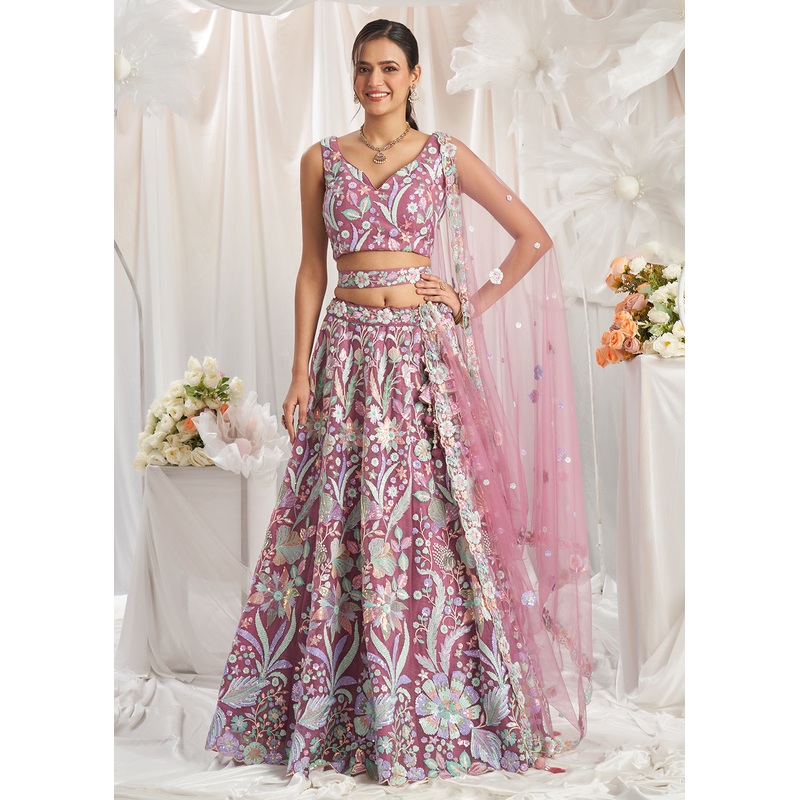 Rose Gold Net Floral Embroidered Designer Lehenga Choli