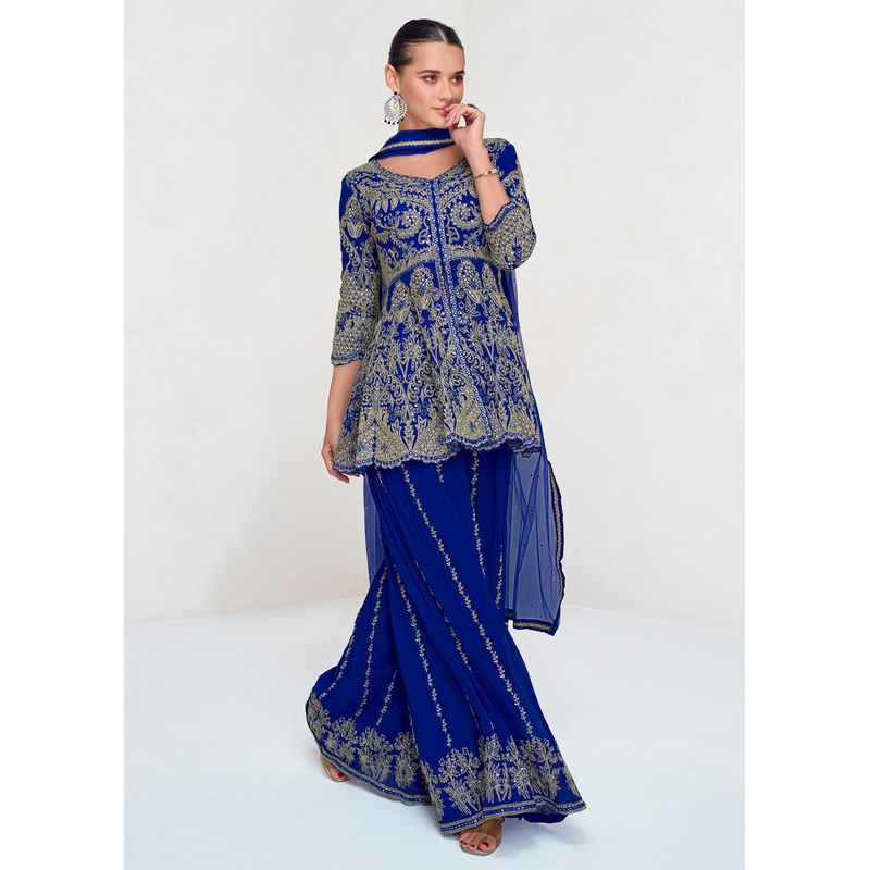 Royal Blue Designer Embroidered Wedding Sharara Suit