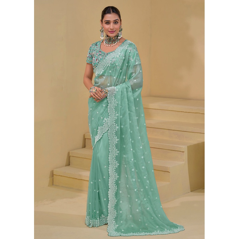 Sea Green Banarasi Silk Embroidered Designer Saree
